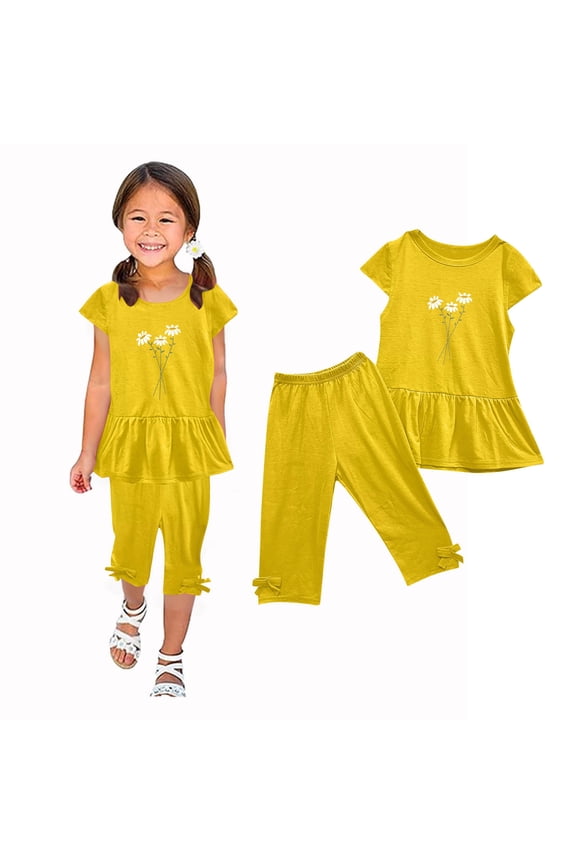 Girls' Casual Summer Set Flower Print Short Sleeve Shirt Swing Hem Tunic Top + Elastic Waistband Capri Pants 2PCS Set Summer Suit