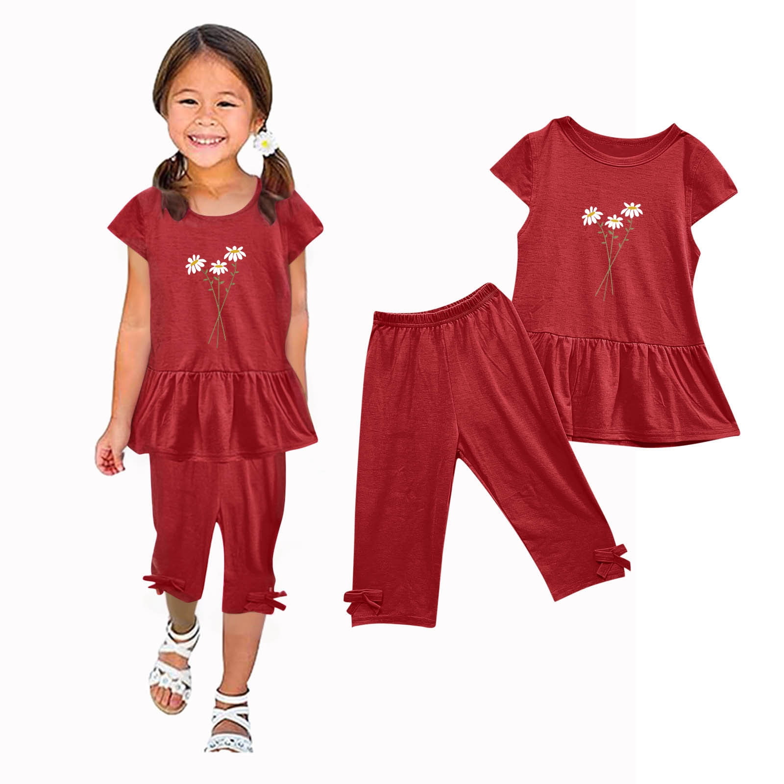 Nrmvnmi Girls' Casual Summer Set Flower Print Short Sleeve