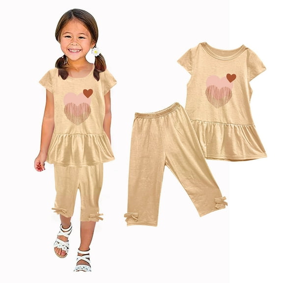 Nrmvnmi Girls' Casual Summer Set Loveheart Print Short Sleeve Shirt Swing Hem Tunic Top   Elastic Waistband Capri Pants 2PCS Set Summer Suit