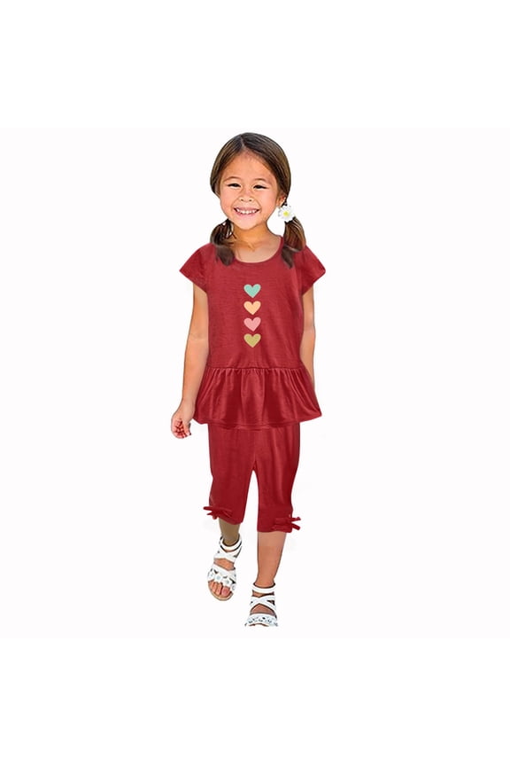 Girls' Casual Summer Set Loveheart Print Short Sleeve Shirt Swing Hem Tunic Top + Elastic Waistband Capri Pants 2PCS Set Summer Suit