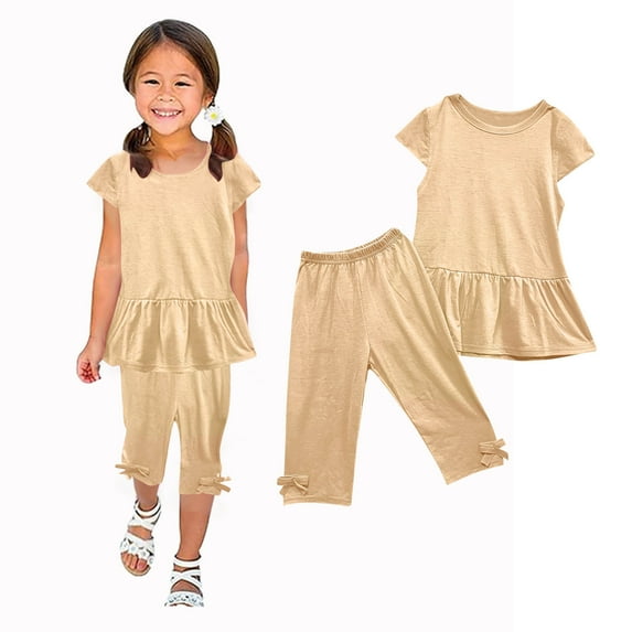 Nrmvnmi Girls' Casual Summer Set Solid Color Short Sleeve Shirt Swing Hem Tunic Top + Elastic Waistband Capri Pants 2PCS Set Summer Suit