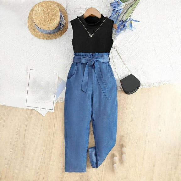 Nrmvnmi Girls' Casual Summer Tank Top Outfits Round Neck Black Tank Top   Bowknot Tie Waist Pants with Pockets 2 Pcs Set For 6-14 Years