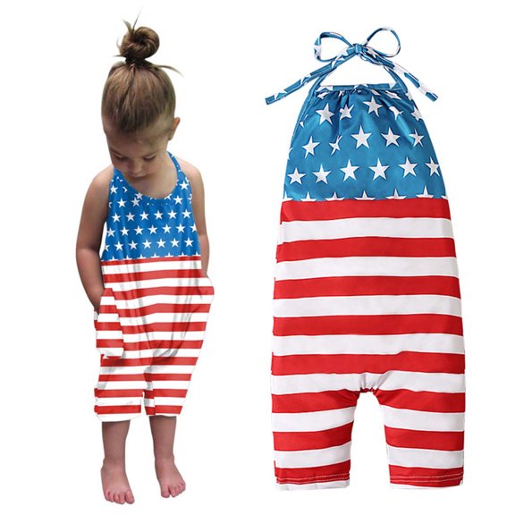 Nrmvnmi Girls Children's Summer Independence Day Romper Sling Sleeveless Backless Cotton Short Jumpsuit Sunsuit Outfits Clothing