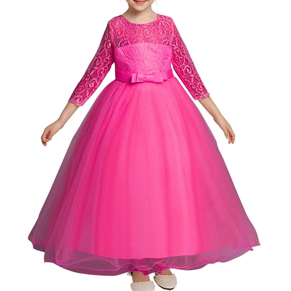Nrmvnmi Girls Flower Vintage Dress Solid Color Floral Lace 3/4 Sleeve Floor Length Dress Princess Dress Wedding Party Dance Gown For 3-12 Years