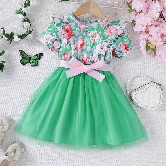 Nrmvnmi Girls Green Summer Dress Little Girl Floral Print Round Neck Short Sleeve Mesh Dress with Bow Belt For 2-8 Years