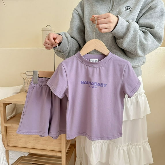 Nrmvnmi Girls Solid Color Shorts Set 2 Pieces Cotton Summer Set for Kids Short Sleeve Pullover Top + Short Sleeve Shorts Set Mothers Day Gifts 10-12 Years