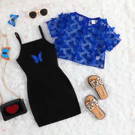 Nrmvnmi Girls' Summer Casual Mesh Jacket Printing Dress Two Piece Set Blue-5Y