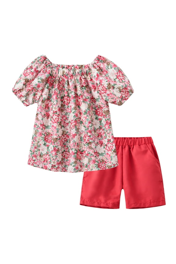 Girls Summer Clothes Outfit Square Neck Short Sleeve Floral Print T-shirt Tops + Elastic Waist Solid Shorts 2 Pcs Cotton Set For 1-6 Years