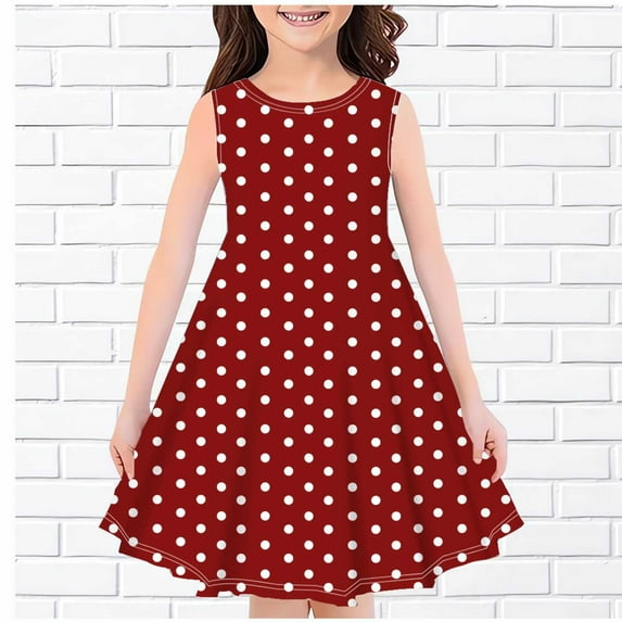 Nrmvnmi Girls Summer Dress Sleeveless Round Neck Polka Dot Swing Dress Casual Boho A-line Dress Sundress For 4-14 Years
