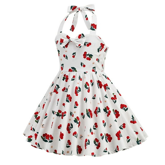 Nrmvnmi Girls Summer Vintage Dresses Spaghetti Strap Sleeveless Cherry Print Cotton Dress Swing Dress Tea Party Dress For 3-7 Years