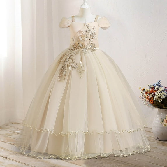 Nrmvnmi Girls Tutu Dress Solid Color Flower Embroidery Floor-length Mesh Dress Party Dress Birthday Dress For 5-14 Years