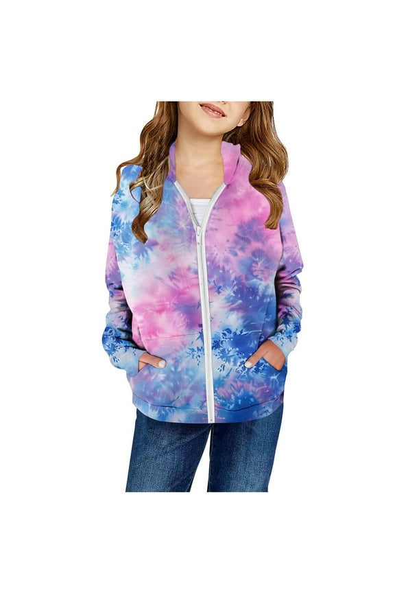 Girls Zip Up Hoodie Casual Long Sleeve Tie-Dyed Style Jacket Lightweight Sweatshirt With Pockets Fashionable Windproof And Warm Spring And Autumn Coat For 2-14 Years Girls