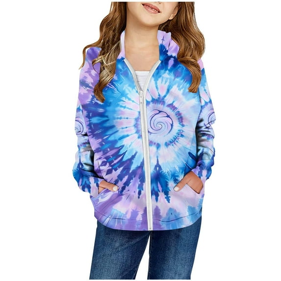 Nrmvnmi Girls Zip Up Hoodie Casual Long Sleeve Tie-Dyed Style Jacket Lightweight Sweatshirt With Pockets Fashionable Windproof And Warm Spring And Autumn Coat For 2-14 Years Girls