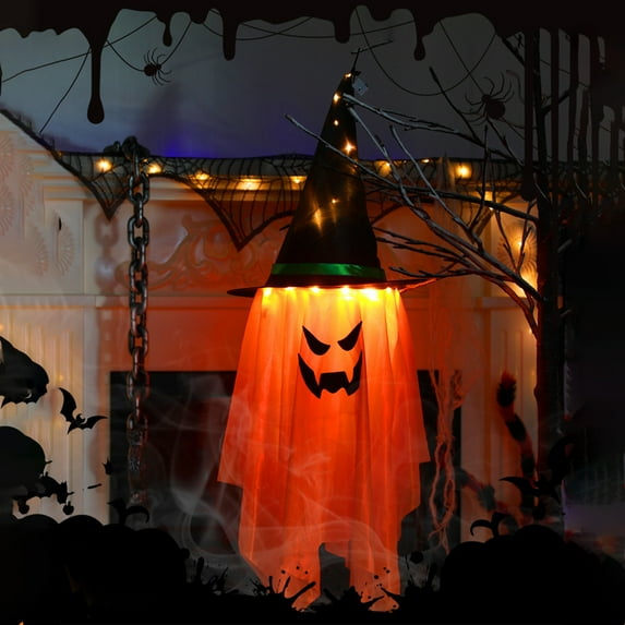 Nrmvnmi Halleween Hanging Witch Hat Ghost Lights Decoration,Halloween Lights Outdoor Decor, New Upgrade Enhanced Lighting Brightness, Suitable for Party Yard and Tree(With Battery)