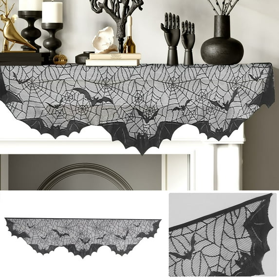 Nrmvnmi Halloween Fireplace Decorations, Fireplace Mantle Scarf Cover, Black Lace Spider Web for Door, Window and Fireplace Decoration, Halloween Decorations