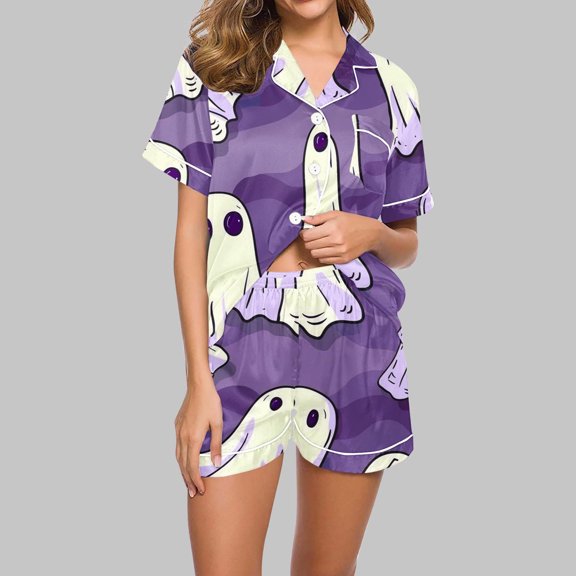 Nrmvnmi Halloween Pajamas Sets For Women Halloween Graphic Prints Sleepwear Sets Flip Collar Short Sleeve Button Tops And High Elastic Waist Shorts Soft Breathable Loungewear Sets