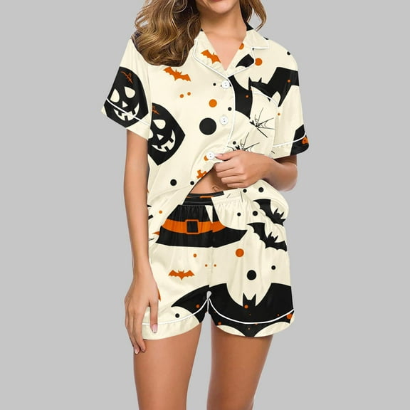 Nrmvnmi Halloween Pajamas Sets For Women Halloween Graphic Prints Sleepwear Sets Flip Collar Short Sleeve Button Tops And High Elastic Waist Shorts Soft Breathable Loungewear Sets