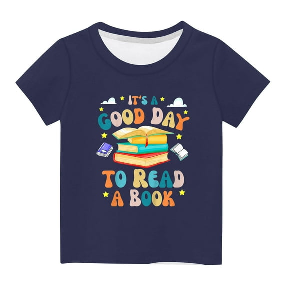 Nrmvnmi "IT IS A GOOD DAY TO READ"Shirts for Kids Short Sleeve Graphic T-Shirt Round Neck Crop Top for Little & Big Girls and Boy T-Shirt Tee Navy-3 Years