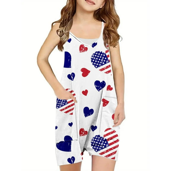 Nrmvnmi Independence Day Girls Summer Sleeveless Casual Romper Spaghetti Strap Shorts Jumpsuit With Pockets For 5-14 Years