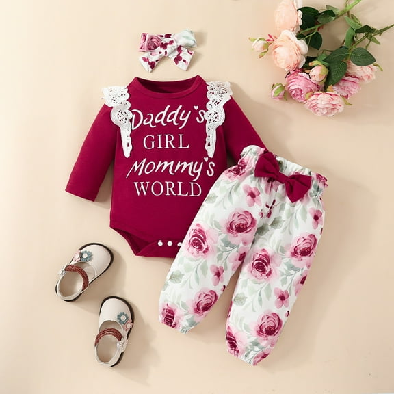 Nrmvnmi Infant Baby Girls Newborn Jumpsuits Set Letter Printed Round Neck Ruffle Long Sleeved Pullover High Waist Elasticity Flower Bow Pants Bow Headband Romper Sets