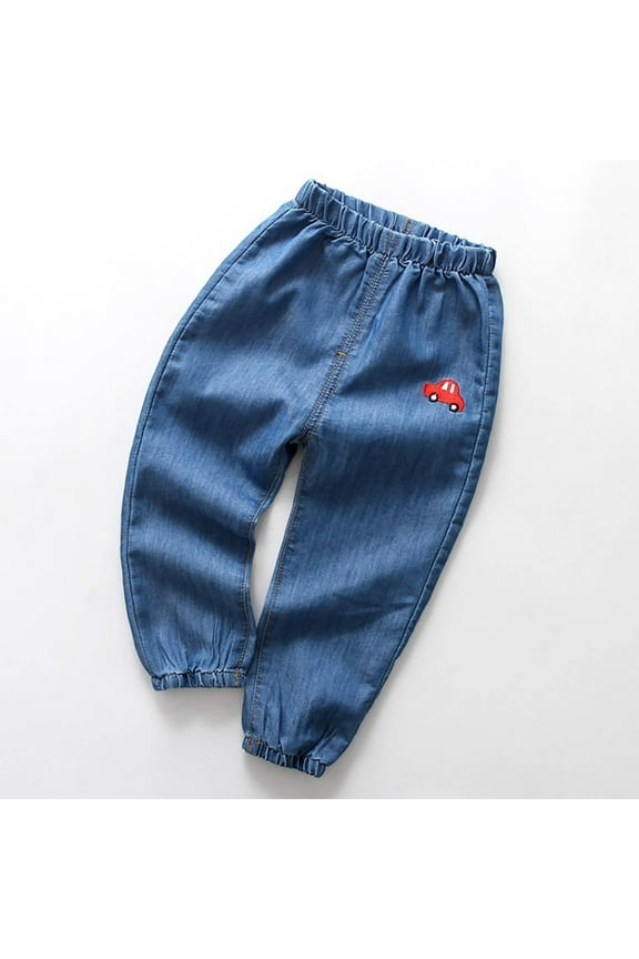 Kids Boys Denim Jeans Pants Cute Car Graphic PrintHigh Waisted Elastic Ankle Pants With Pocket Mosquito Proof Tapered Leg Cotton Casual Trousers Slim Fit Cargo Joggers