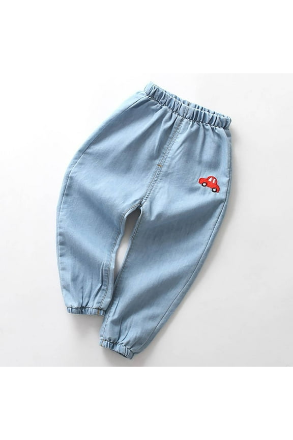 Kids Boys Denim Jeans Pants Cute Car Graphic PrintHigh Waisted Elastic Ankle Pants With Pocket Mosquito Proof Tapered Leg Cotton Casual Trousers Slim Fit Cargo Joggers