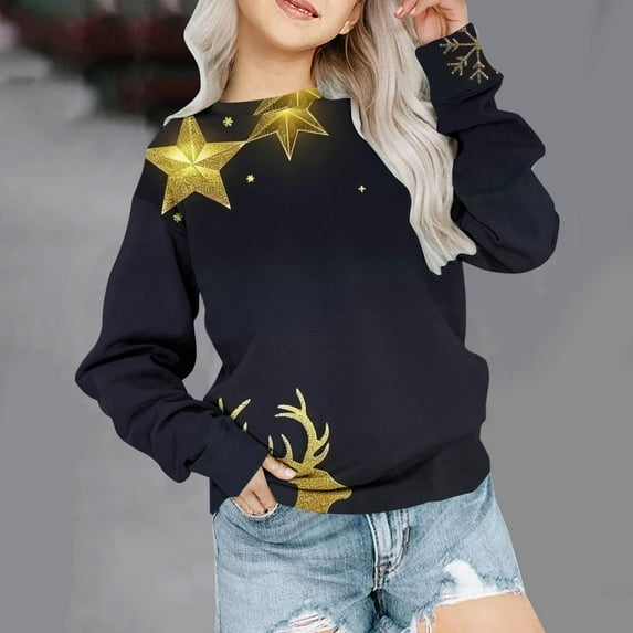 Nrmvnmi Kids Girls Boys Cotton Christmas Sweatshirt Graphic Prints Pullover Tops Crew Neck Long Sleeve Holiday Fleece Lightweight Tops With Side Seam Loose Fit Trendy Sweatshirt