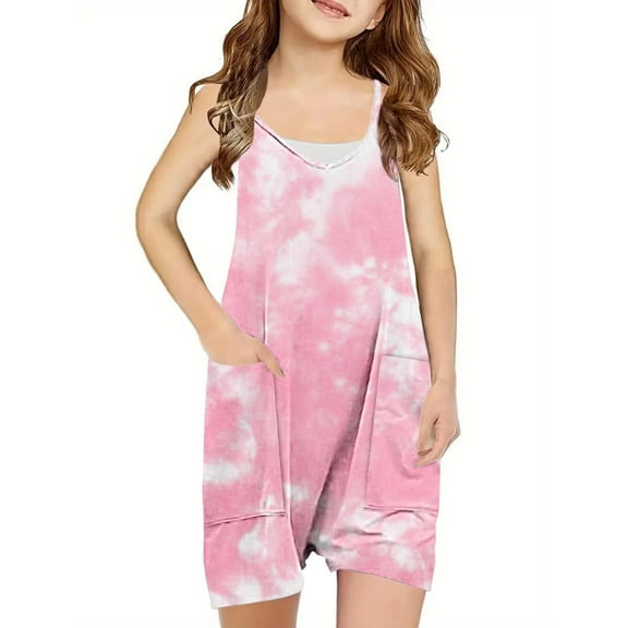 Nrmvnmi Kids Girls' Jumpsuits & Rompers Summer Tie Dye Sleeveless Casual Romper Spaghetti Strap Shorts Overalls with Pockets Size 5-14 Years PinkMothers Day Gifts