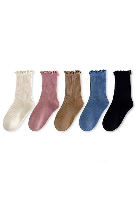 Kids Girls Ruffle Socks,Casual Cute Ankle Socks Breathable Knit Cotton Soft Frilly Crew Socks Thin Solid Color Socks Breathable Pile Socks For Girls 5 Pairs