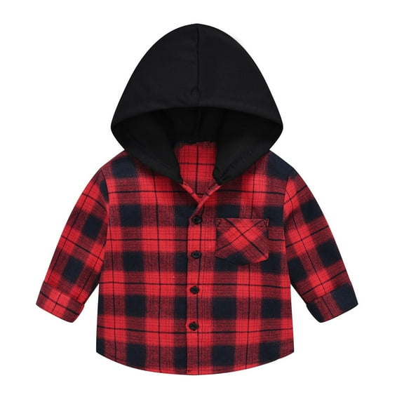 Nrmvnmi Kids Little Boys Girls Baby Long Sleeve Button Down Hooded Plaid Shirt Red Plaid Flannel Outfits