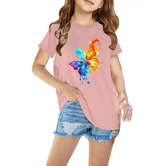Nrmvnmi Kids Summer Casual Cotton T-Shirt Round Neck Short Sleeve Butterfly Print Blouse Loose Tee Tops For 3-10 Years Boys And Girls