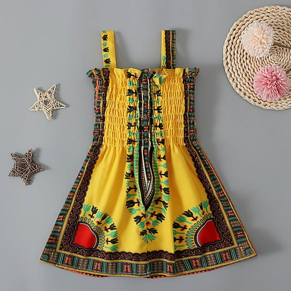Nrmvnmi Kids Toddler Girls Sleeveless Sling Smocked Dress Halloween Retro Court Style Dress African Dress Cute Graphic Printe Bohemian Style Strapless Ruffled Dress Outfit Girl Clothes