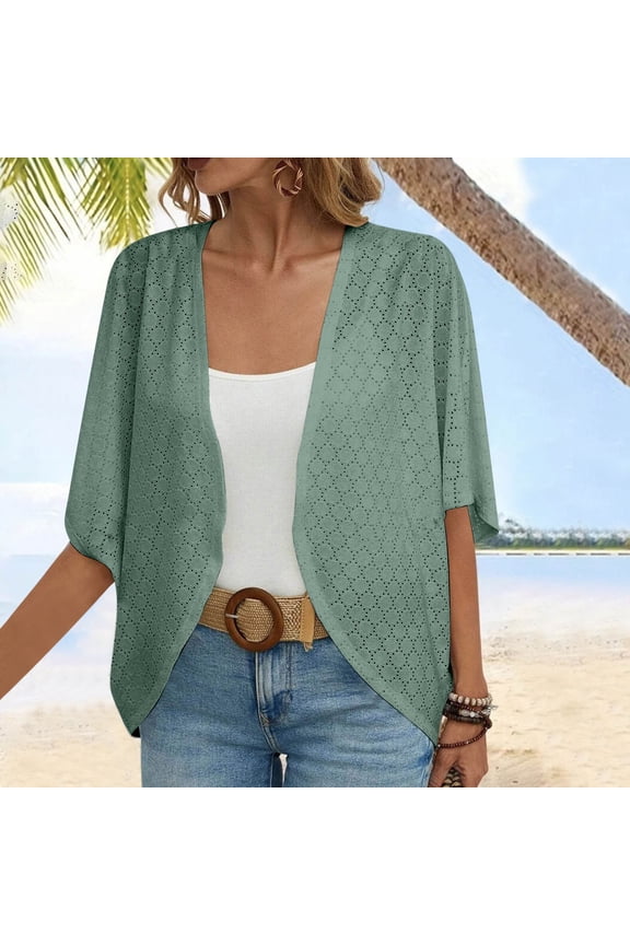 Lightweight Summer Cardigan for Women Spring Netted Knit Ruffle Half Sleeve Kimono Cover Ups ,Plus Size Lightweight Shawls For Women Olive Green