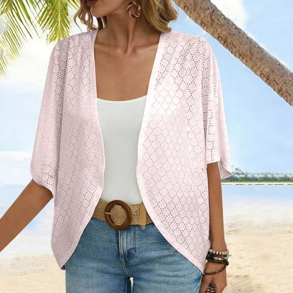 Nrmvnmi Lightweight Summer Cardigan for Women Spring Netted Knit Ruffle Half Sleeve Kimono Cover Ups ,Plus Size Lightweight Shawls For Women Pink