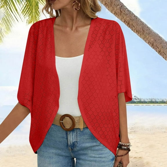 Nrmvnmi Lightweight Summer Cardigan for Women Spring Netted Knit Ruffle Half Sleeve Kimono Cover Ups ,Plus Size Lightweight Shawls For Women Red