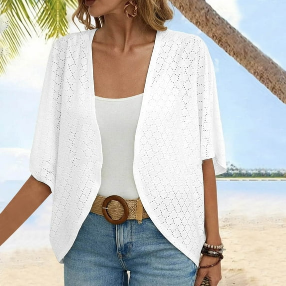 Nrmvnmi Lightweight Summer Cardigan for Women Spring Netted Knit Ruffle Half Sleeve Kimono Cover Ups ,Plus Size Lightweight Shawls For Women White