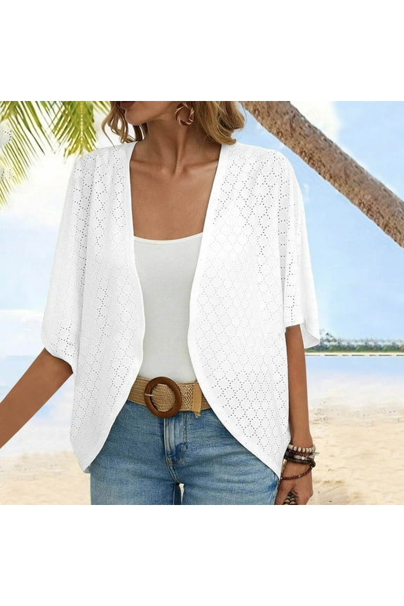Lightweight Summer Cardigan for Women Spring Netted Knit Ruffle Half Sleeve Kimono Cover Ups ,Plus Size Lightweight Shawls For Women White
