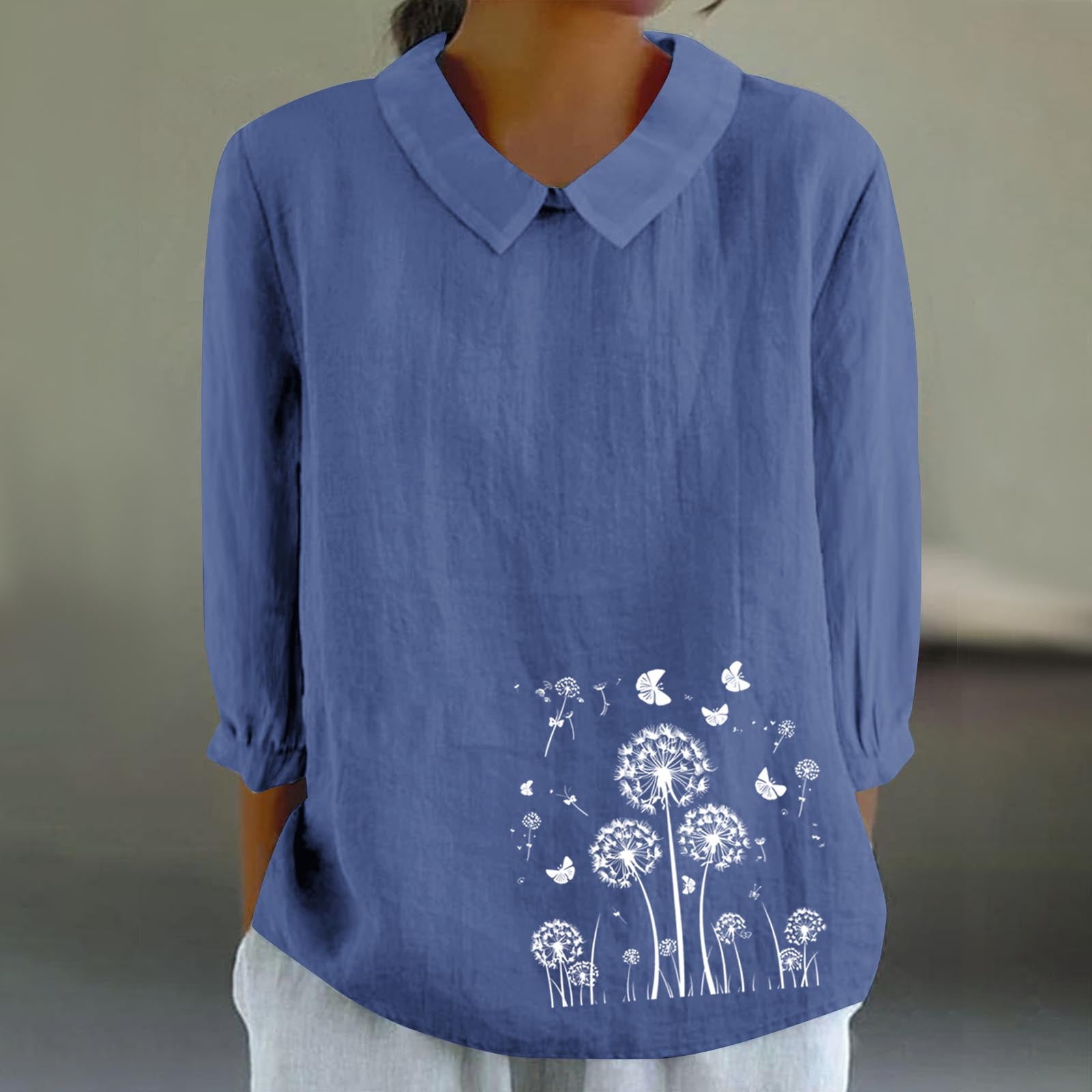 Nrmvnmi Linen Shirts for Women 3/4 Sleeve Plus Size Tops Casual Collar