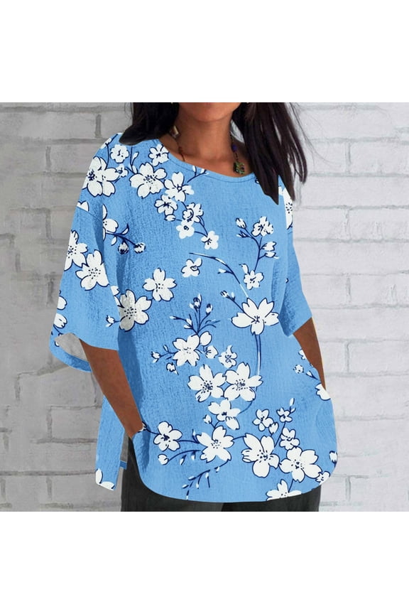 Linen Shirts for Women 3/4 Sleeve Plus Size Floral Prints Split Hem Tops Loose Crew Neck T Shirts Casual Three Quarter Length Tunic Tops