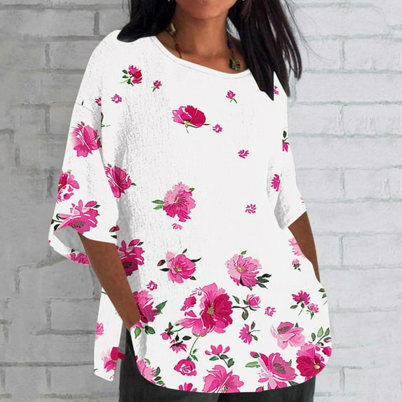 Nrmvnmi Linen Shirts for Women 3/4 Sleeve Plus Size Floral Prints Split Hem Tops Loose Crew Neck T Shirts Casual Three Quarter Length Tunic Tops