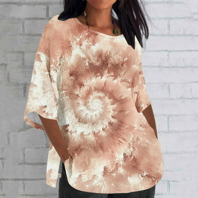 Nrmvnmi Linen Shirts for Women 3/4 Sleeve Plus Size Split Hem Tops Loose Crew Neck T Shirts Casual Three Quarter Length Tunic Tops