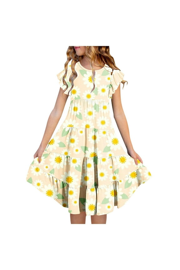 Little Girls Short Sleeve Dresses Floral Prints Summer Cotton Casual Swing Twirly Sundress Ruffle Sundress Tiered Twirl Dress Mothers Day Gifts 6 Years
