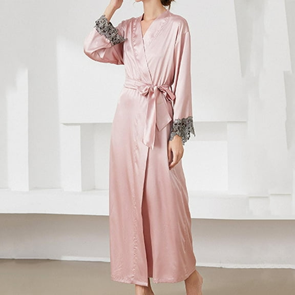 Nrmvnmi Long Silk Robe Bathrobe For Women Solid Color Long Kimono Satin Bridesmaids Robes Lightweight Soft Sleepwear Full Length Bathrobe Cardigan Nightgown For Spring Fall