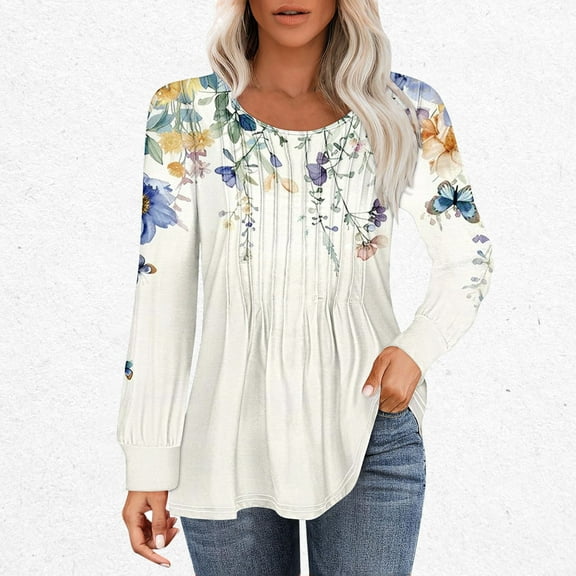 Nrmvnmi Long Sleeve Shirts for Women Fall Tops Dressy Shirts Casual Blouses Pleated Scooped Neck Tunic Tops Cute Curved Hemline Tunic Tops