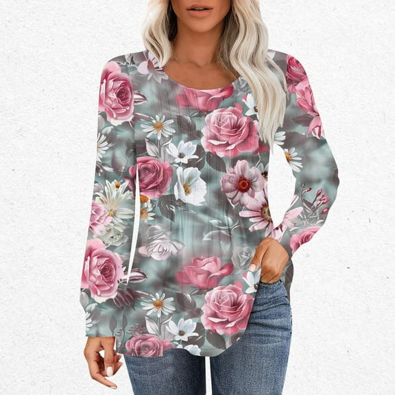 Nrmvnmi Long Sleeve Shirts for Women Fall Tops Dressy Shirts Casual Blouses Pleated Scooped Neck Tunic Tops Cute Curved Hemline Tunic Tops