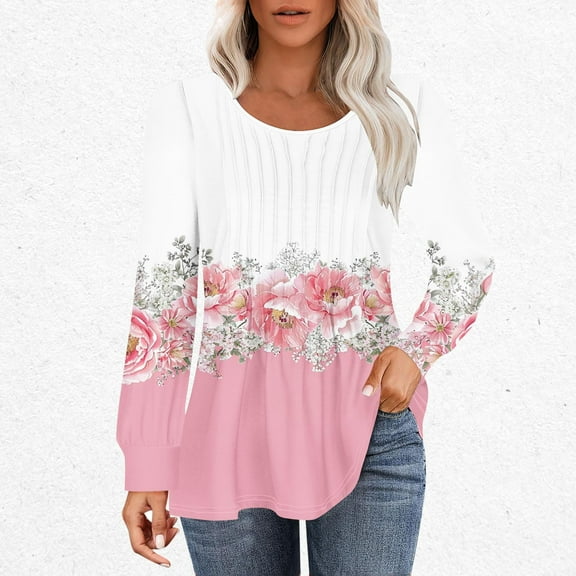 Nrmvnmi Long Sleeve Shirts for Women Fall Tops Dressy Shirts Casual Blouses Pleated Scooped Neck Tunic Tops Cute Curved Hemline Tunic Tops