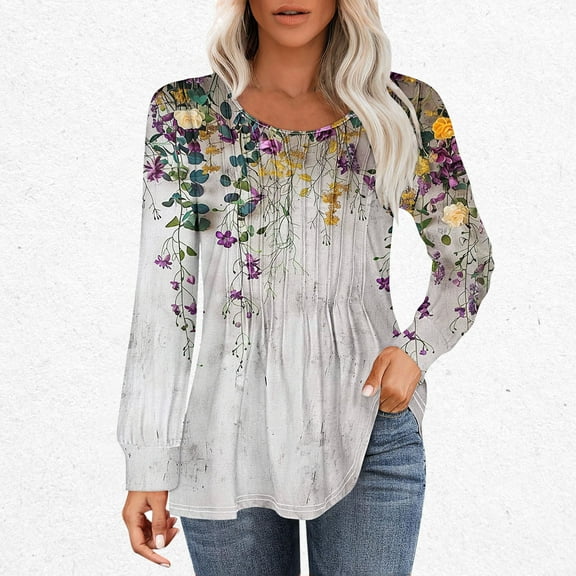 Nrmvnmi Long Sleeve Shirts for Women Fall Tops Dressy Shirts Casual Blouses Pleated Scooped Neck Tunic Tops Cute Curved Hemline Tunic Tops