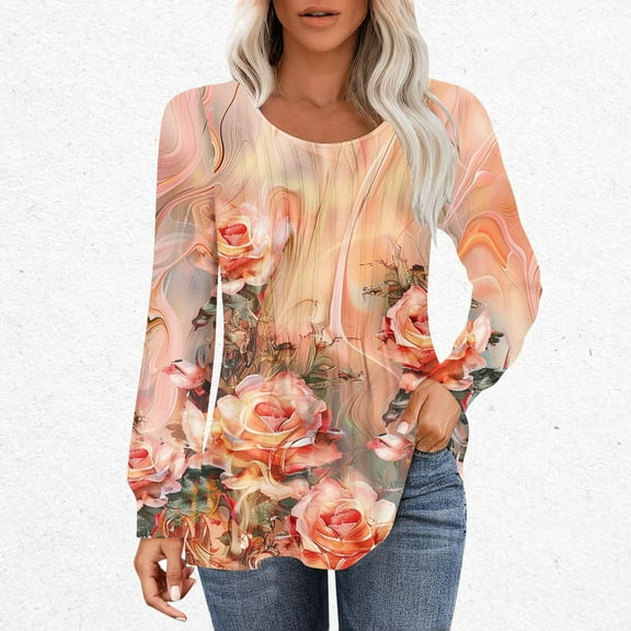 Nrmvnmi Long Sleeve Shirts for Women Fall Tops Dressy Shirts Casual Blouses Pleated Scooped Neck Tunic Tops Cute Curved Hemline Tunic Tops