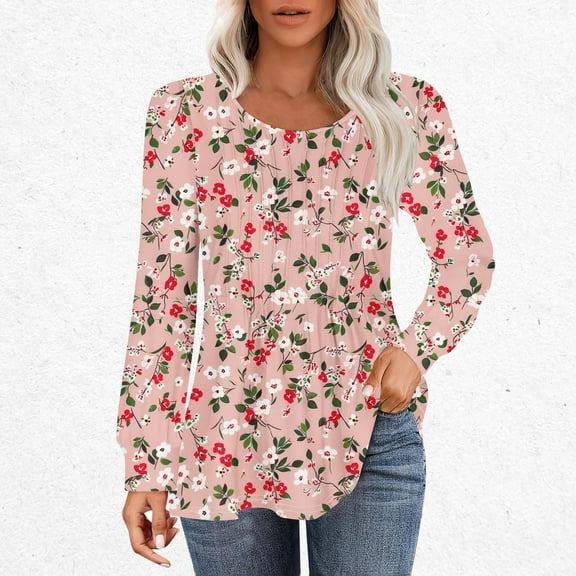 Nrmvnmi Long Sleeve Shirts for Women Fall Tops Dressy Shirts Casual Blouses Pleated Scooped Neck Tunic Tops Cute Curved Hemline Tunic Tops