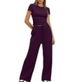 thumbnail image 1 of Nrmvnmi Lounge Sets for Women 2 Piece Casual Solid Y2K Outfits Short Sleeve Round Neck Cropped Tops Straight Leg Pants Comfy Loungewear Purple MMothers Day Gifts, 1 of 7